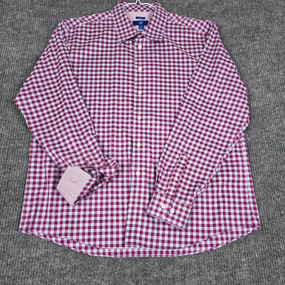 Egara Mens XXL Slim Fit Non-Iron Gingham Dress‎ Shirt Burgundy White Long Sleeve